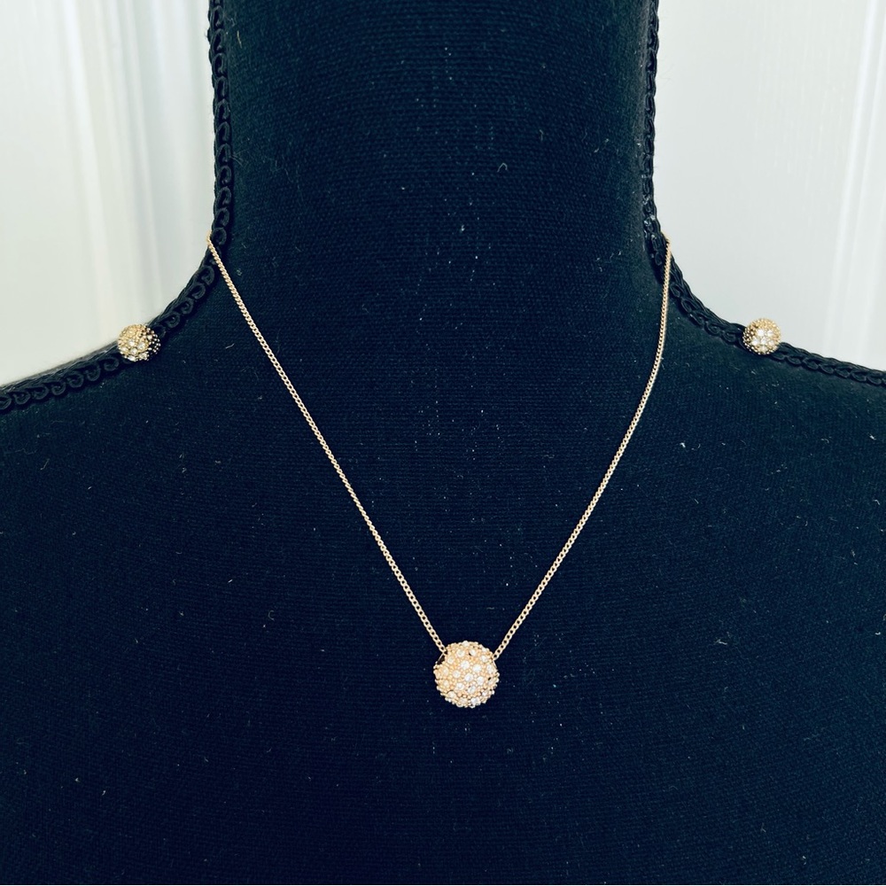 Gold Round Dome Rhinestone Ball Fashion Necklace & Earring Set